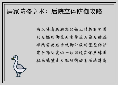 居家防盗之术：后院立体防御攻略