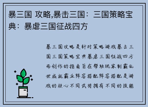 暴三国 攻略,暴击三国：三国策略宝典：暴虐三国征战四方
